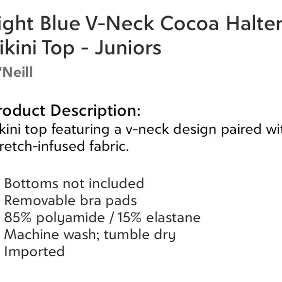 NWT O’Neill Juniors Size L Blue Bikini Top